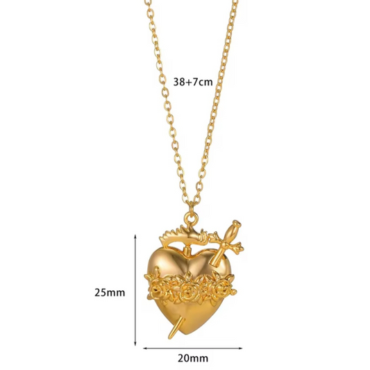 Sacred Heart of Ezili Freda Necklace – Gold Sword Through Heart Pendant with Roses