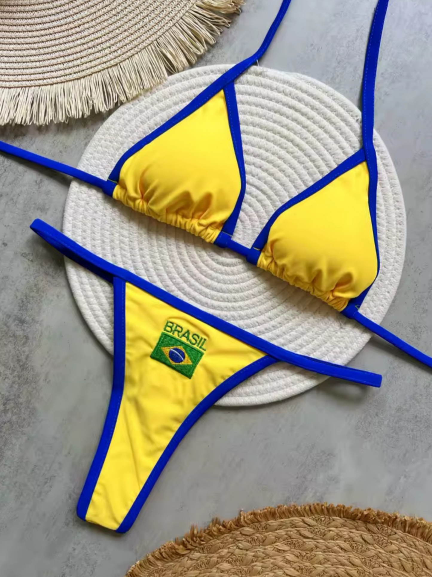 Brazilian G-String Thong Bikini Swimsuit Yellow & Blue
