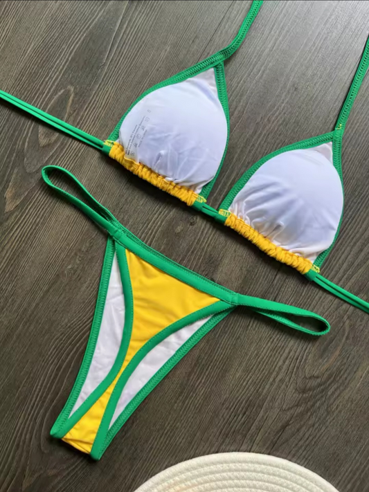 Brazilian G-String Thong Bikini Swimsuit Yellow & Green