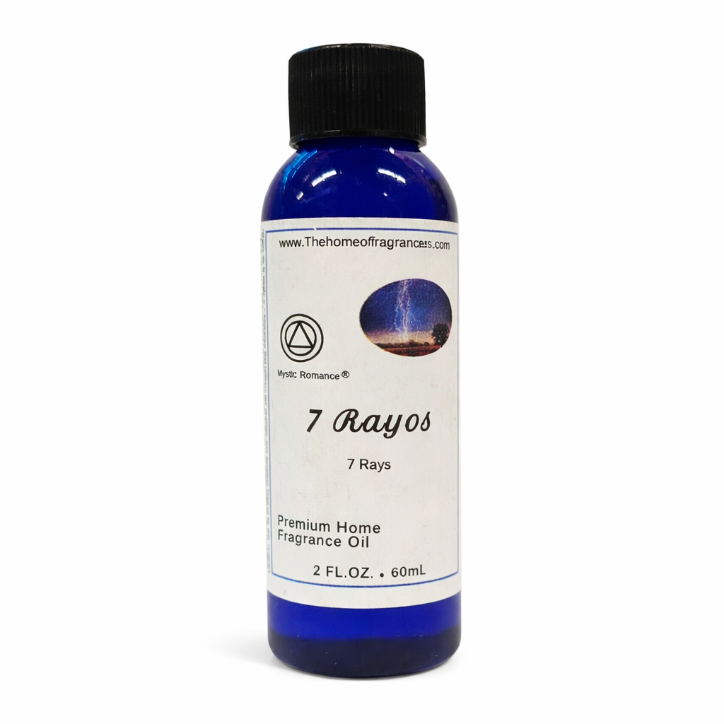Bottle of 7 Rayos premium home fragrance oil with a black cap on a white background