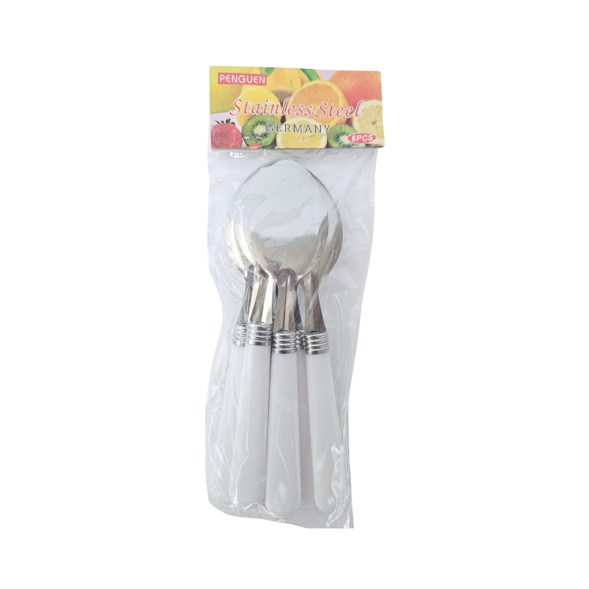 Set of silver spoons in a clear package with on a white background