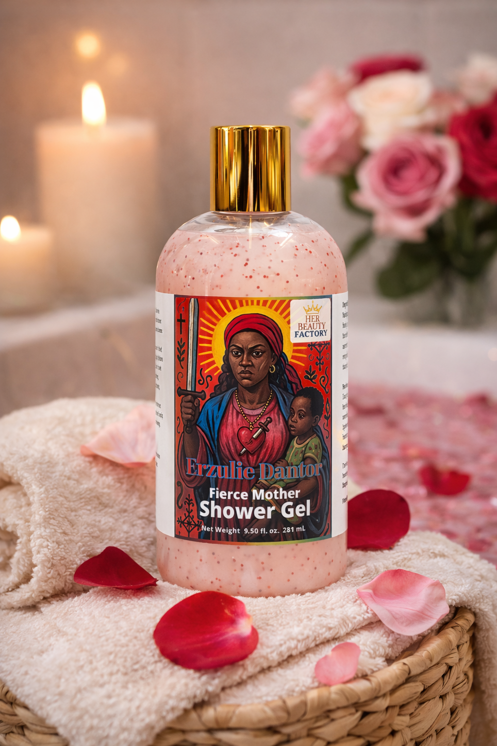 Bottle of 'Fierce Mother' Shower Gel with a decorative label on a towel with rose petals and candles in the background.