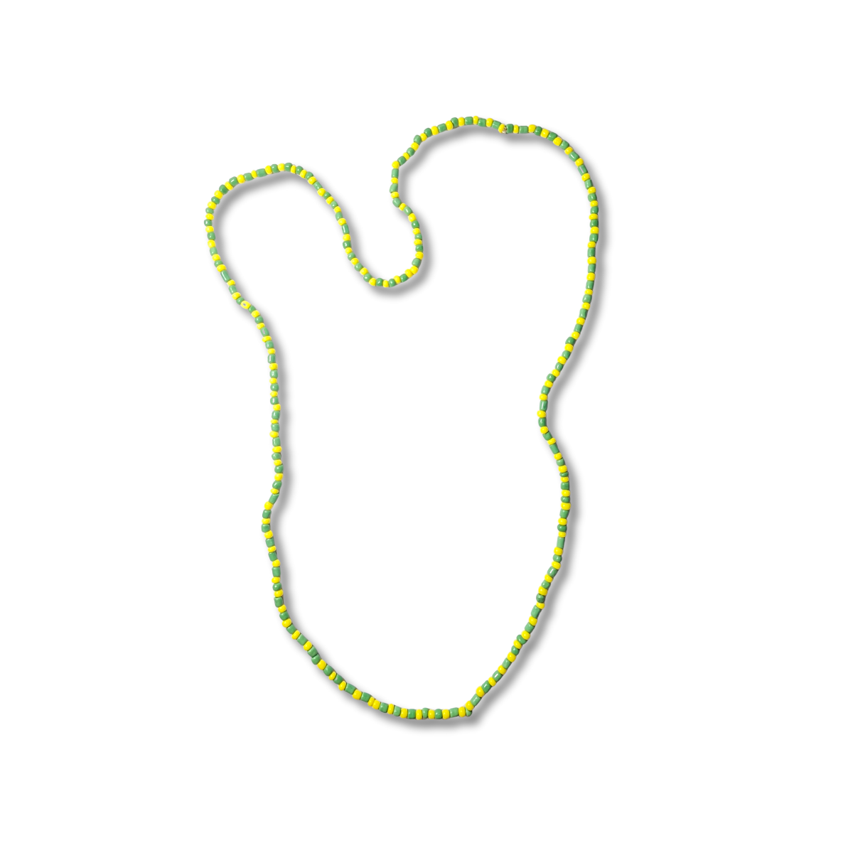 Orula Beaded Necklace with green and yellow beads on a white background
