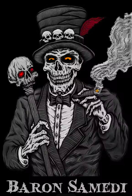 Skeleton in a top hat and suit with smoking skull, holding a cane, on a black background. Brand 'Baron Samedi' visible.