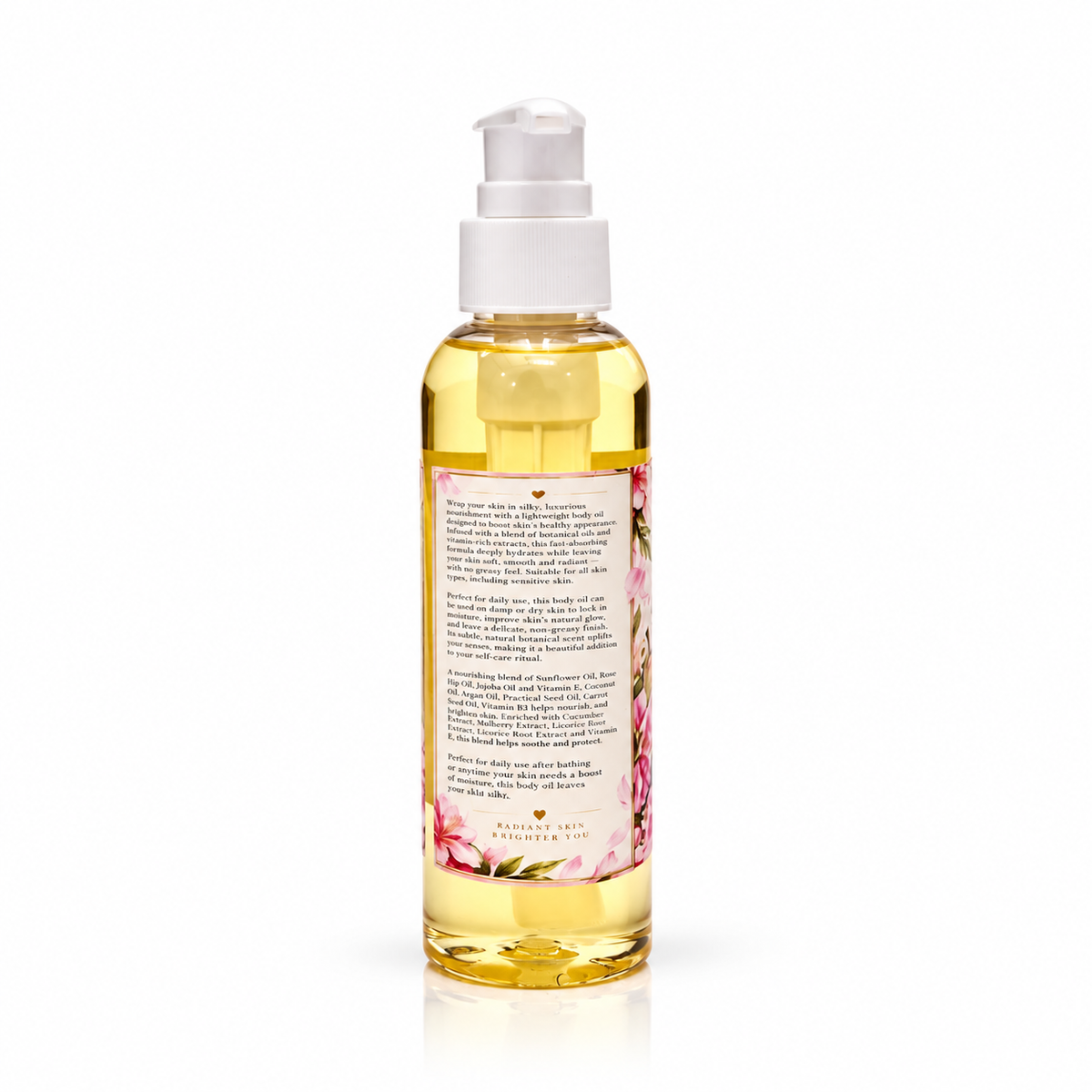 A bottle of Body oil Serum with a white pump dispenser, filled with golden-yellow liquid, featuring a floral label on a white background.