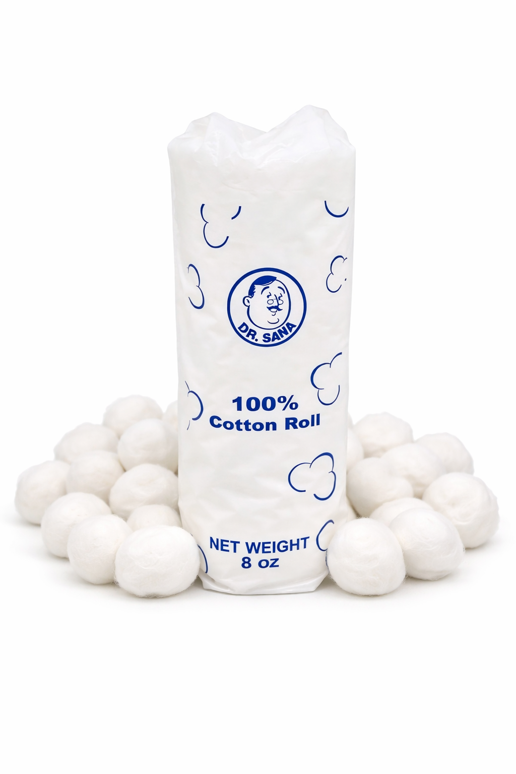 Cotton balls with a Dr. Sana branded container on a white background