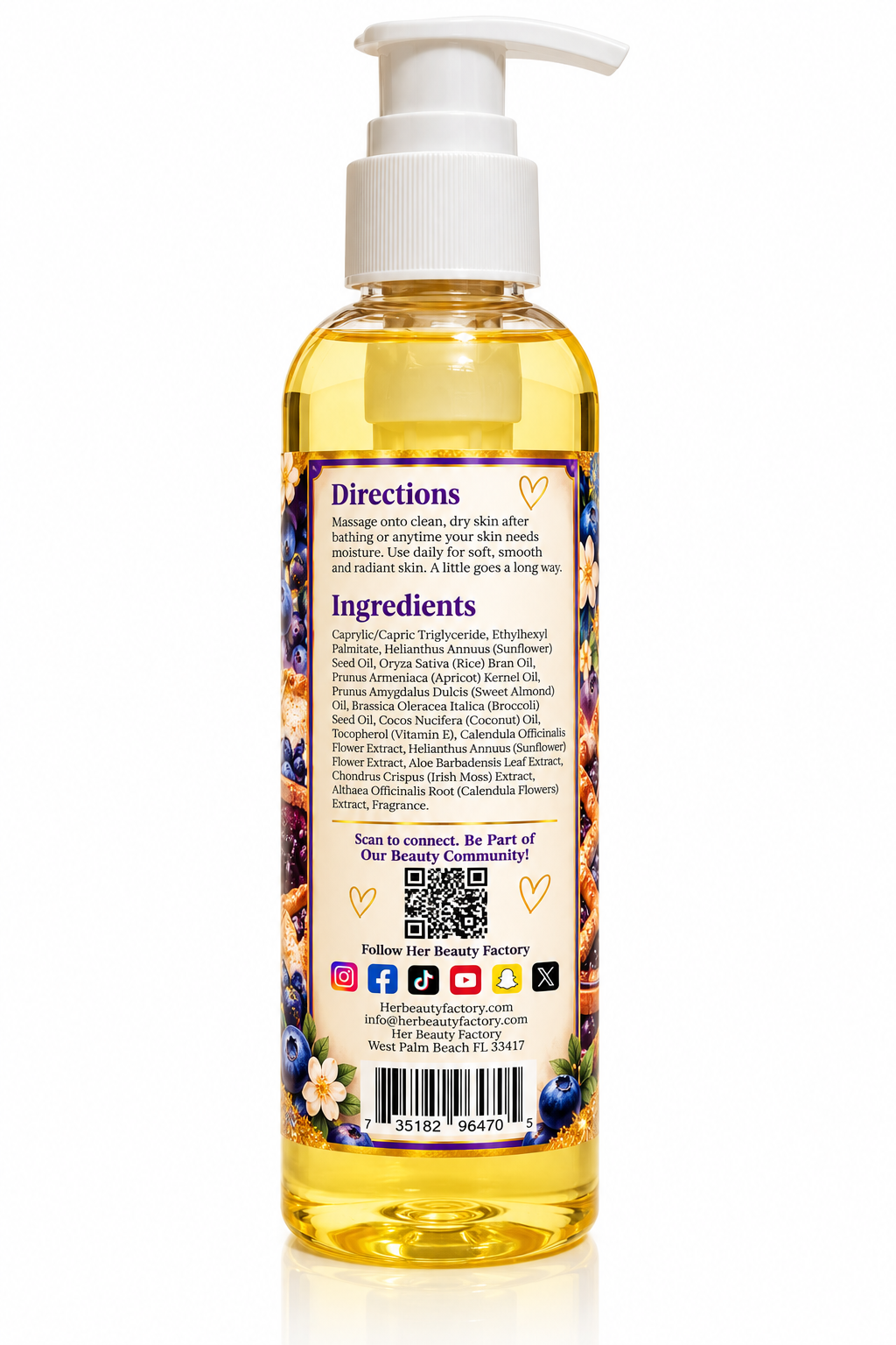 A clear plastic pump bottle filled with yellow oil, showing the back of its label with directions, ingredients, and social media details, on a white background.