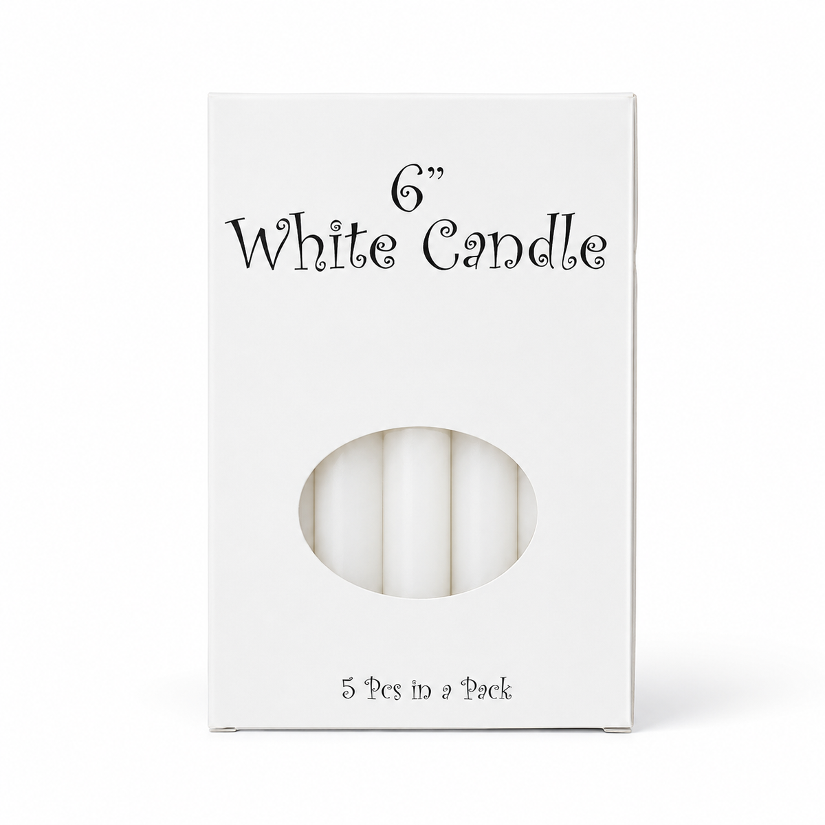A white rectangular box containing five white 6-inch candles, with a circular cutout showing the candles inside. The box has black text reading '6" White Candle' and '5 Pcs in a Pack' at the bottom, set against a plain white background.