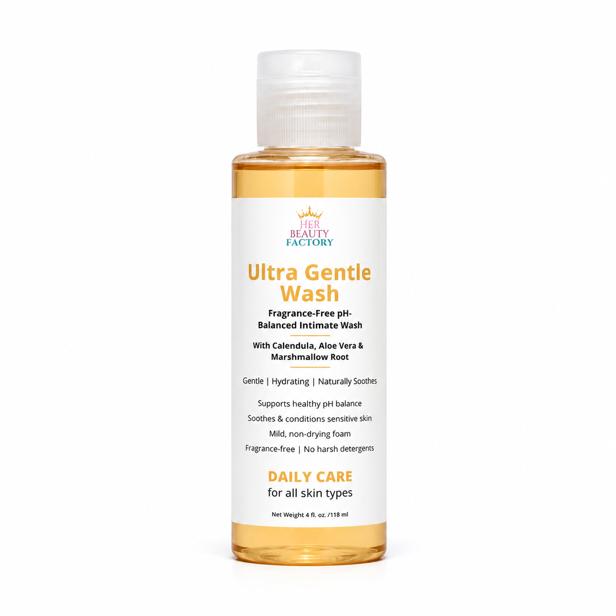 A bottle of Her Beauty Factory Ultra Gentle Wash, a fragrance-free pH-balanced intimate wash, shown on a clean white background. The bottle contains a golden-amber liquid and features a white label with orange and black text.