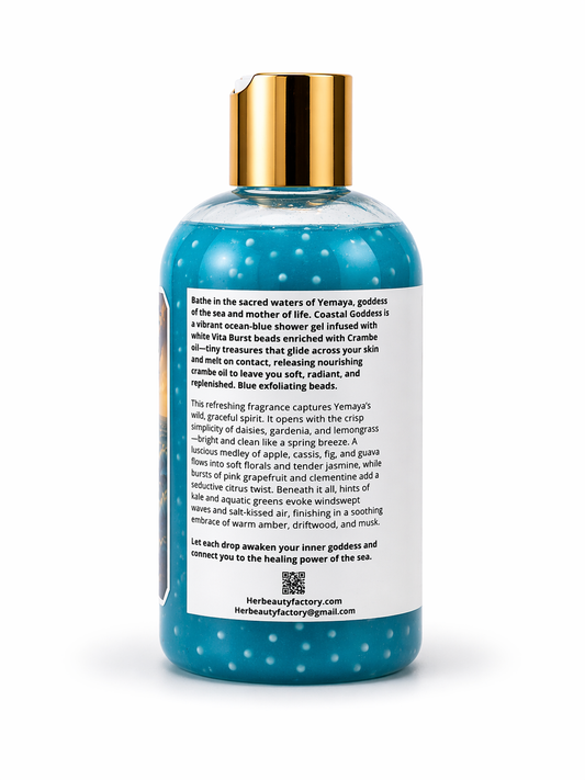 Bottle with blue label and gold cap on a white background