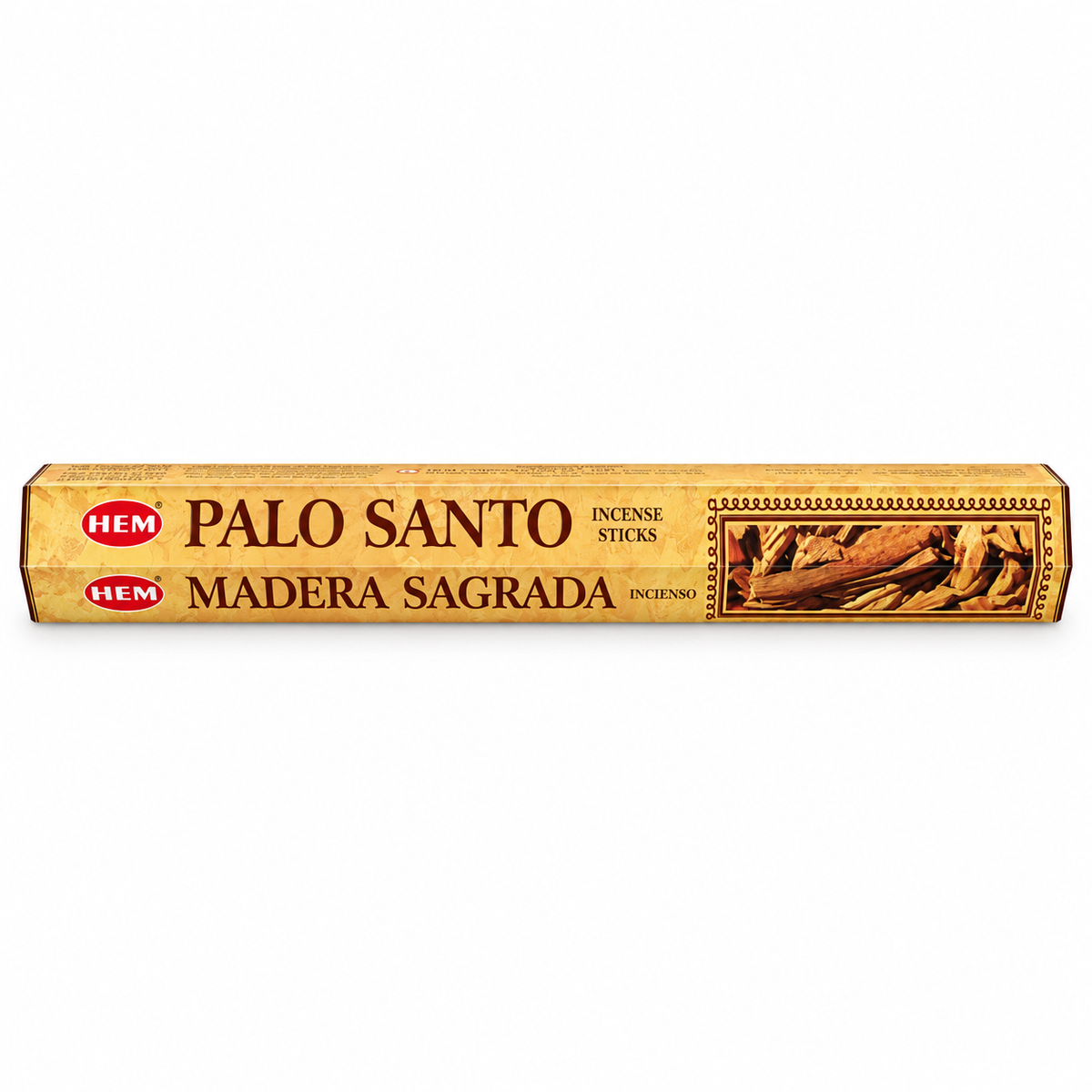 A long rectangular box of HEM Palo Santo Madera Sagrada incense sticks, shown horizontally against a plain white background.