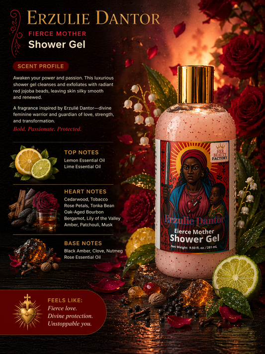 Erzulie Dantor Fierce Mother Shower Gel with product details and branding elements.