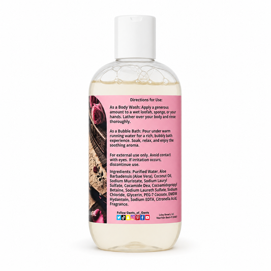 A bottle of body wash with a white cap and a pink label, shown on a clean white background. The label features lists the ingredients and directions for use.