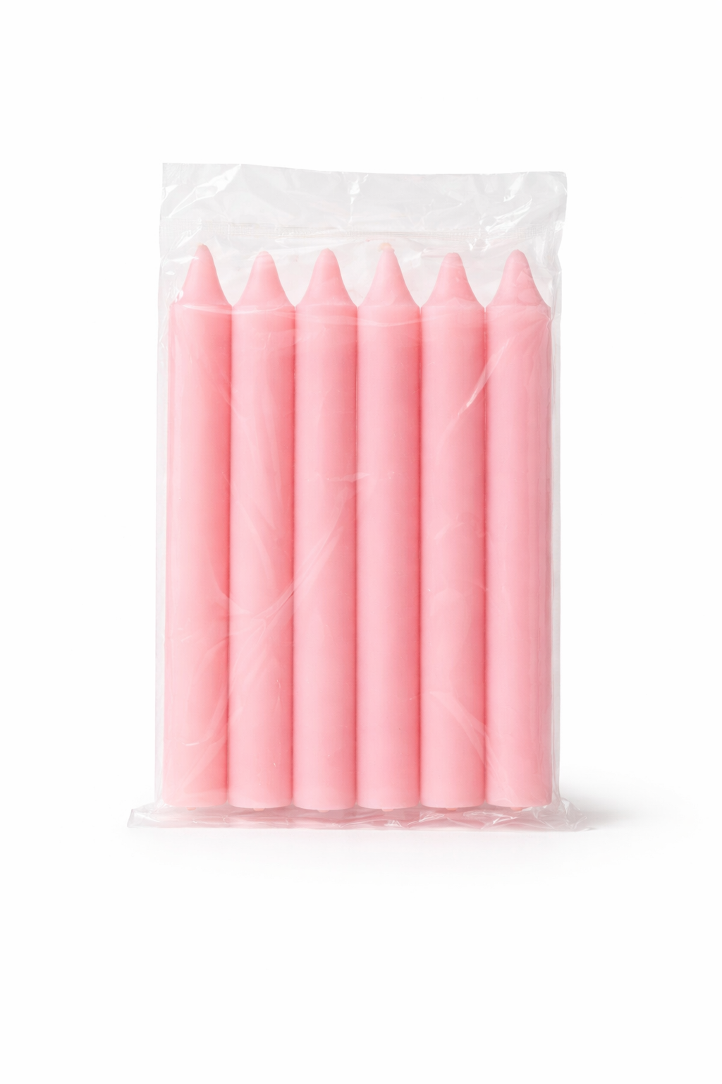 Pack of pink candles in clear packaging on a white background