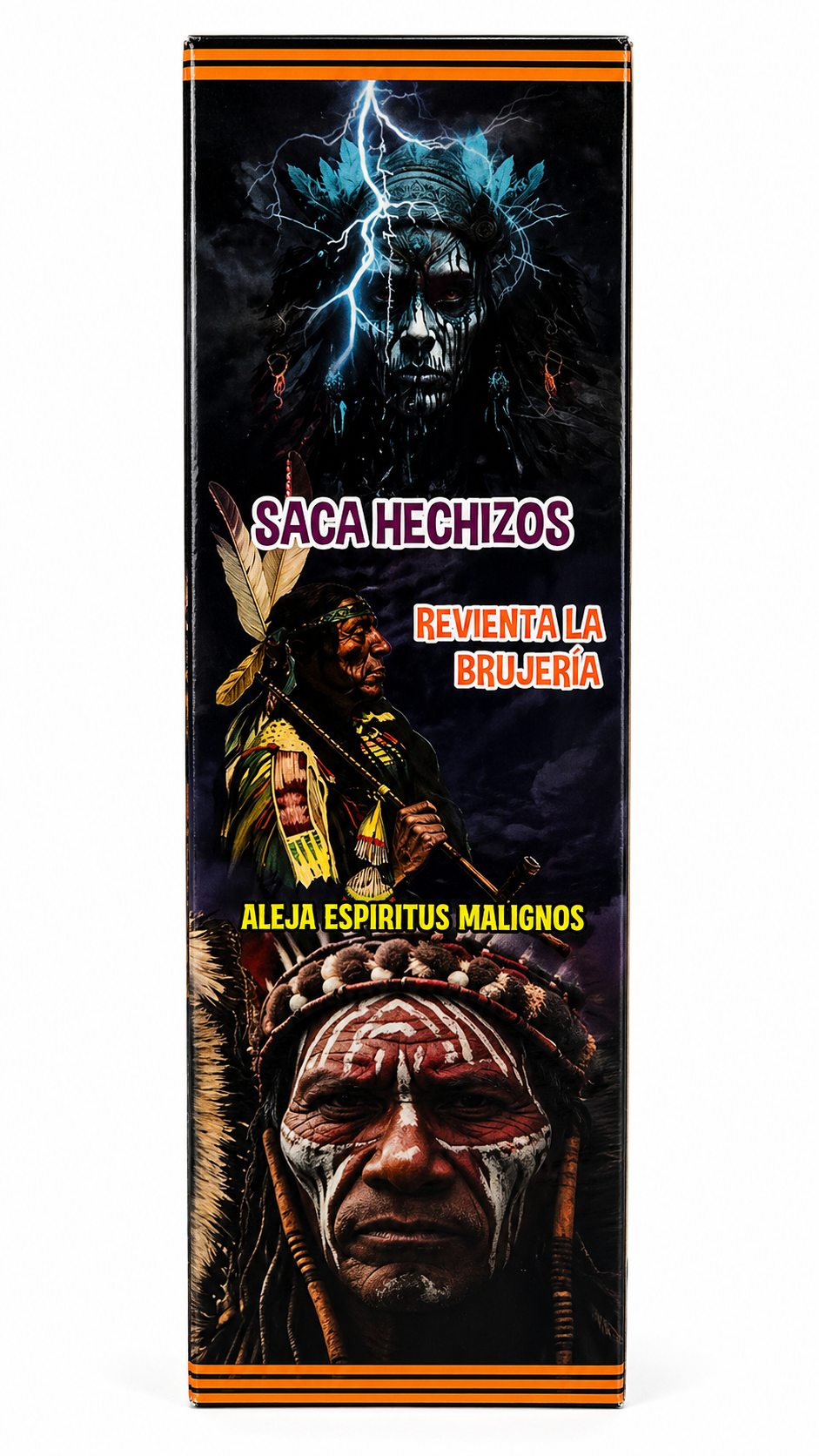 Product packaging with Native American-themed design and text in Spanish.