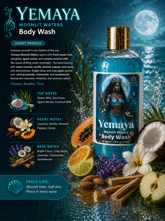 Yemaya Moonlit Waters Body Wash bottle with product details and ingredients on a moonlit water background.