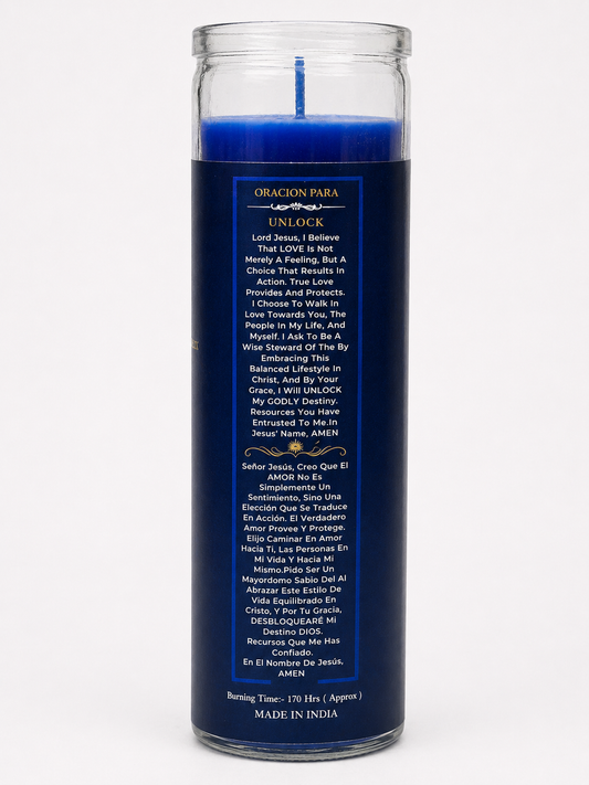 Blue candle with text on a white background
