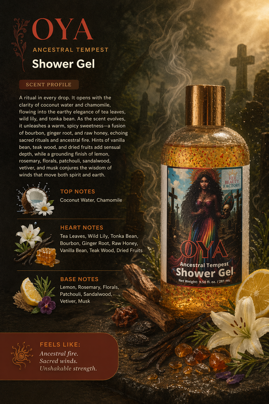 OYA Ancestral Tempest Shower Gel bottle with product details on a dark, mystical background.