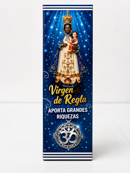 Product packaging with a religious figure and text on a blue background