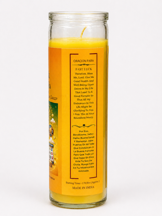 Yellow candle in a glass jar with text on a white background