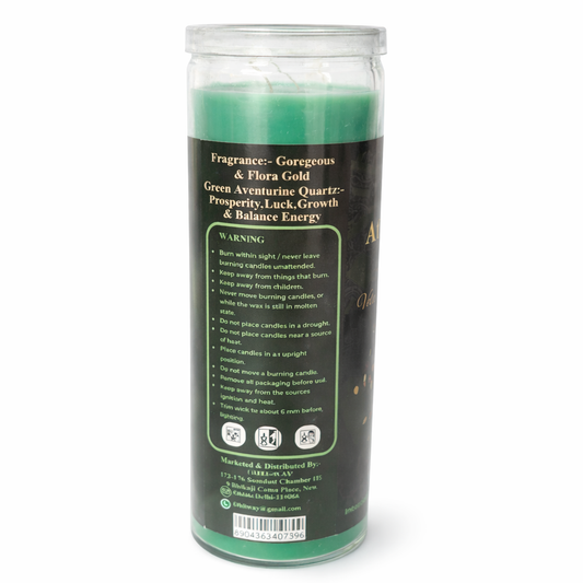 Green candle in a glass jar with a label on a white background