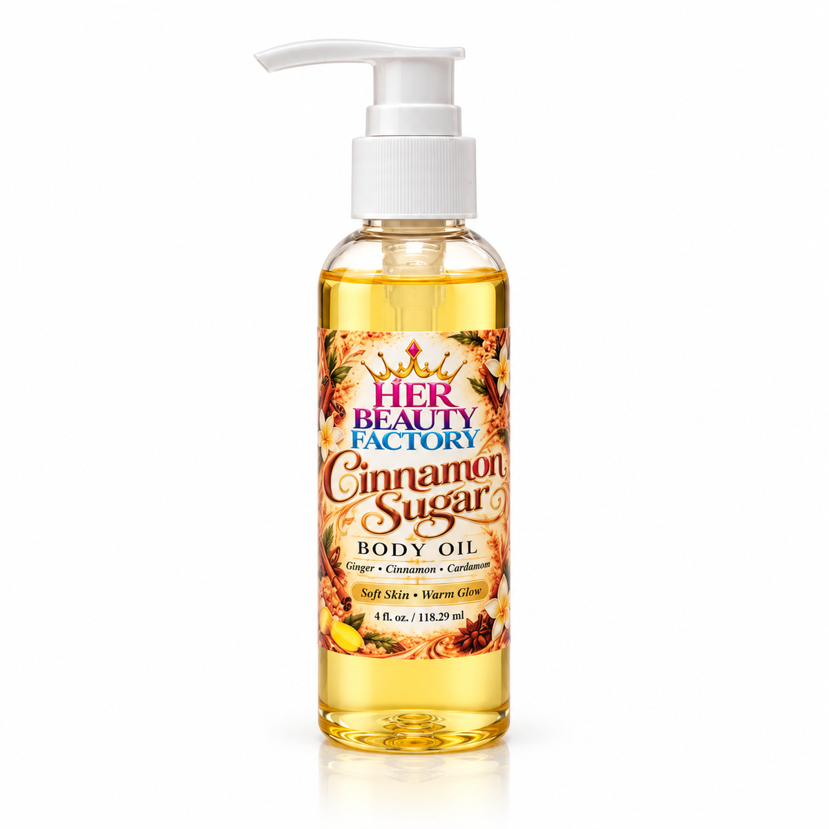 A bottle of Her Beauty Factory Cinnamon Sugar Body Oil with a white pump dispenser, containing golden yellow oil, set against a plain white background.