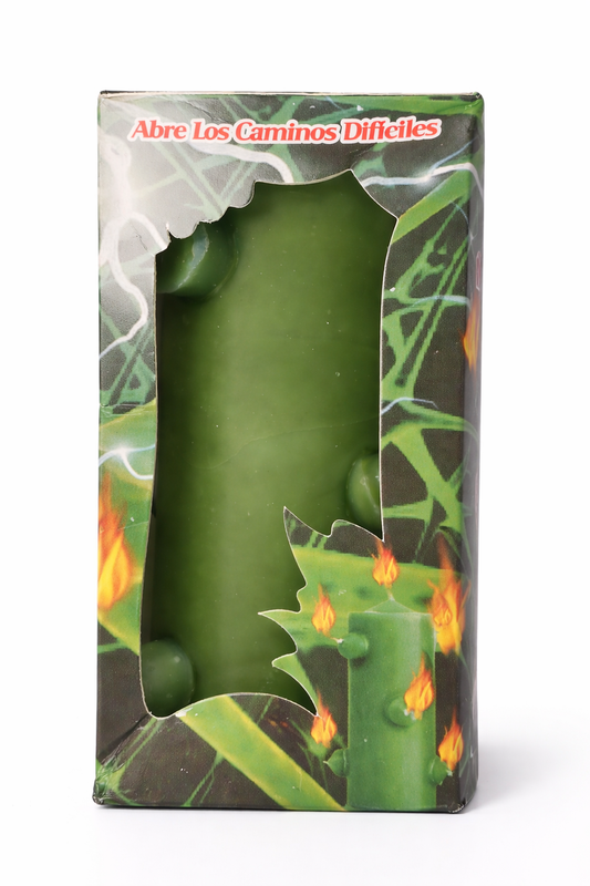 Green candle in a decorative box with flames and text on a white background