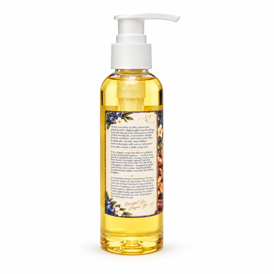 A clear plastic pump bottle filled with golden yellow essential oil, featuring a white pump dispenser and a decorative label with blue flowers and text, set against a plain white background.