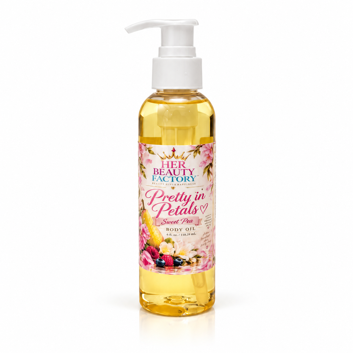 A bottle of Her Beauty Factory Pretty in Petals Sweet Pea Body Oil with a white pump dispenser and a floral label, filled with yellow oil, on a white background.
