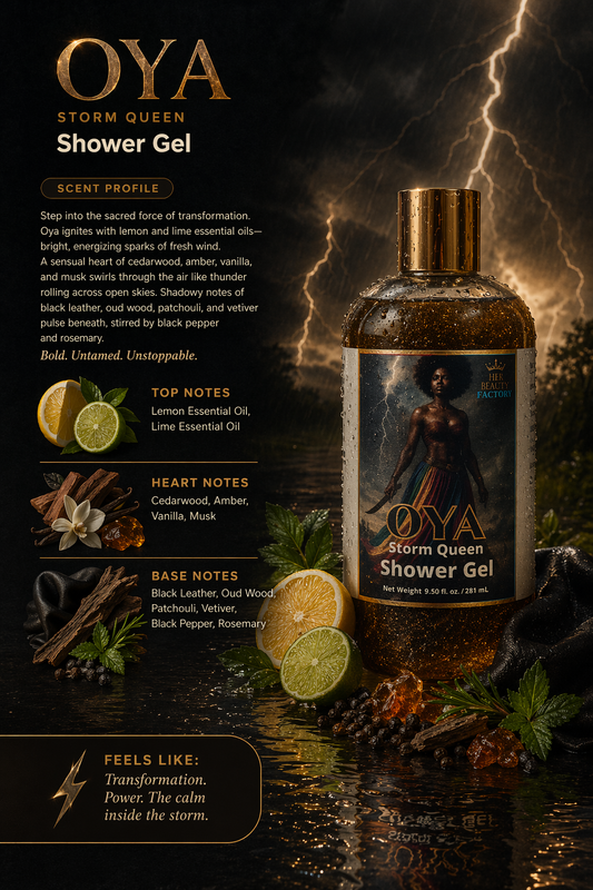 OYA Storm Queen Shower Gel bottle with stormy background and product details.