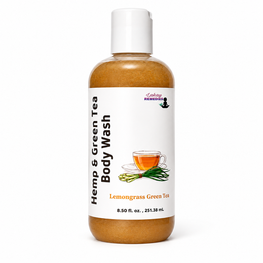 A bottle of Lemongrass Green Tea Hemp & Green Tea Body Wash featuring a white cap and a white label with black text and a green tea illustration, set against a plain white background.