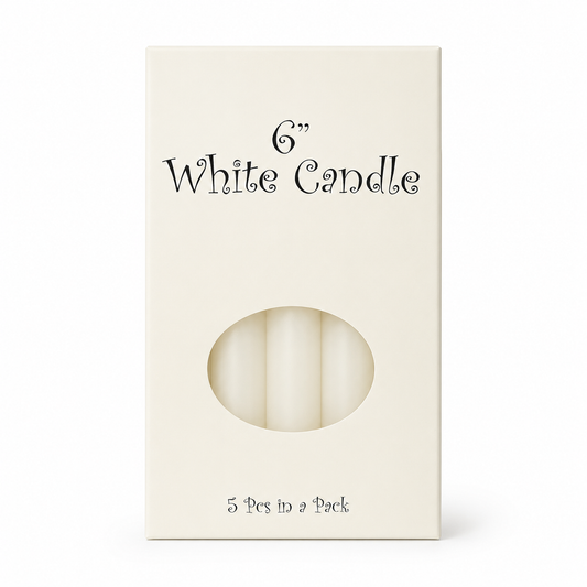A 6-inch white candle in a cream-colored rectangular box with a circular cutout showing the white wax candles inside. The text '6" White Candle' and '5 Pcs in a Pack' is printed on the front.