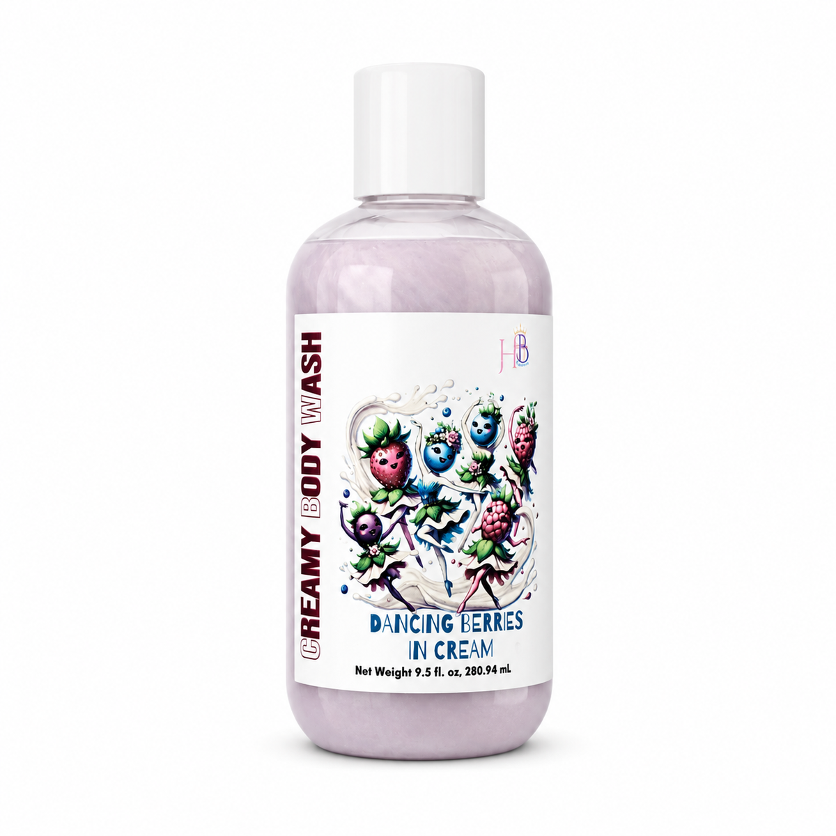 A bottle of Her Beauty Factory Body Wash in the 'Dancing Berries in Cream' scent, featuring a white cap and a white label decorated with colorful illustrations of dancing berries. The liquid inside is a pale lavender color, visible through the clear bottle.
