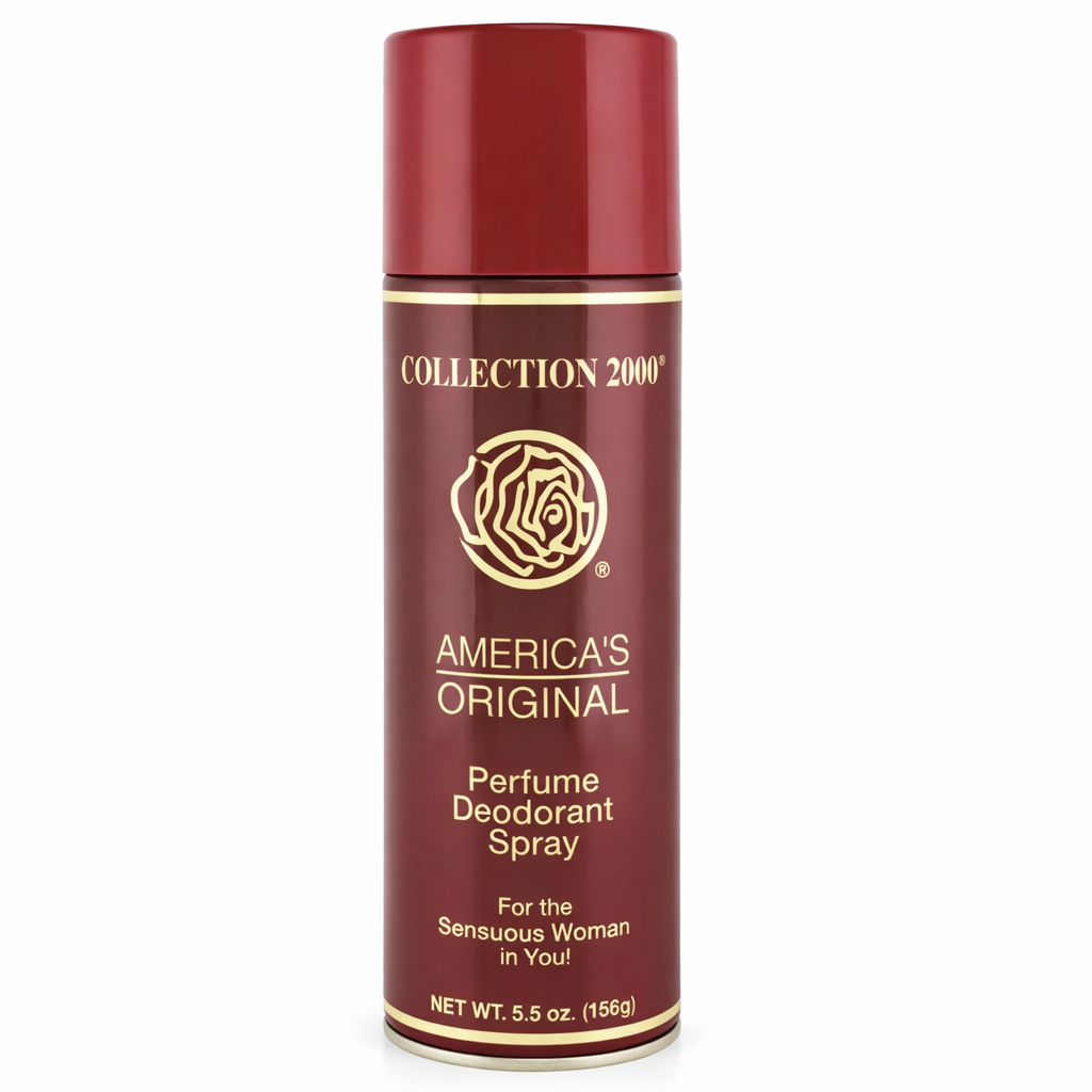 Red and gold perfume deodorant spray bottle with 'Collection 2000' branding on a white background