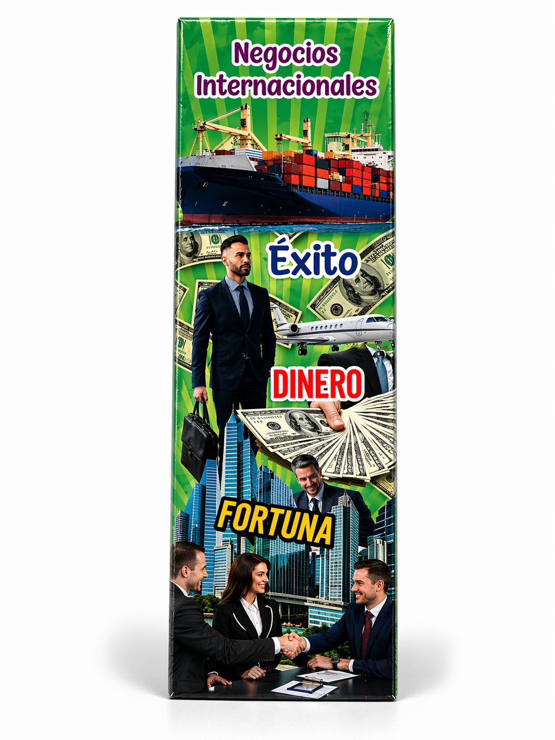 Brochure cover with business-themed images and text on a white background