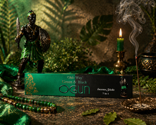 Incense sticks packaging with warrior figurine, candle, and incense stick on a decorative background