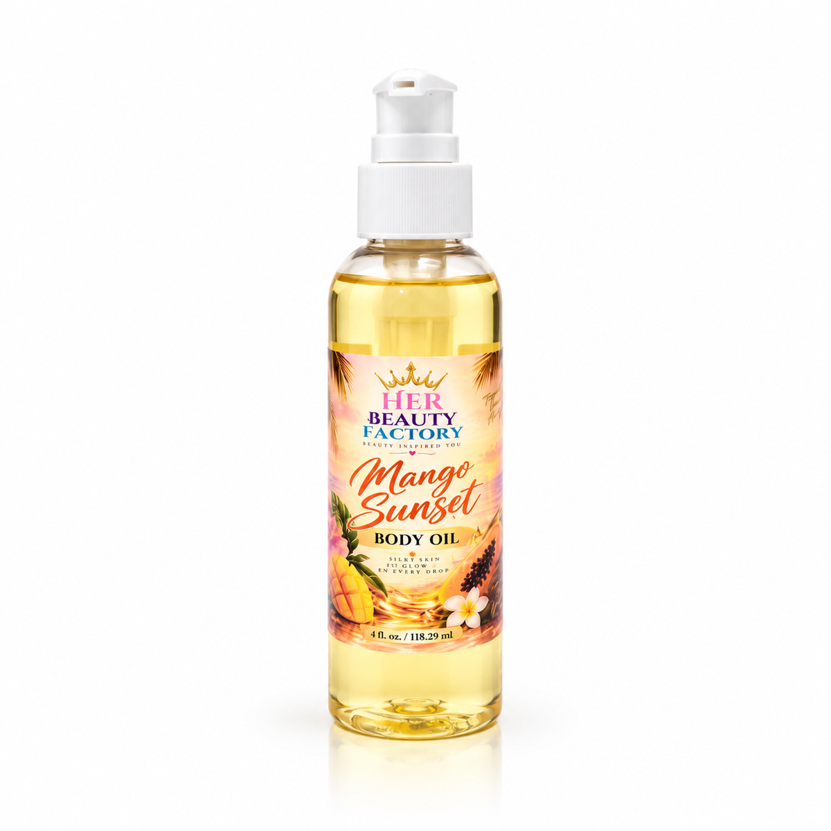 A bottle of Her Beauty Factory Mango Sunset Body Oil with a white pump dispenser, filled with golden yellow oil, set against a plain white background.