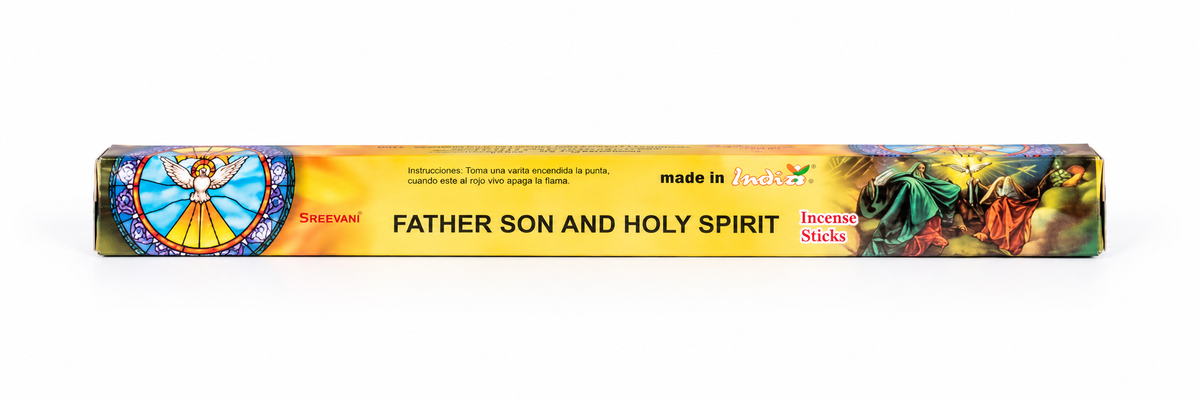 A long rectangular incense stick box labeled 'FATHER SON AND HOLY SPIRIT' with colorful stained-glass and religious artwork on a white background.