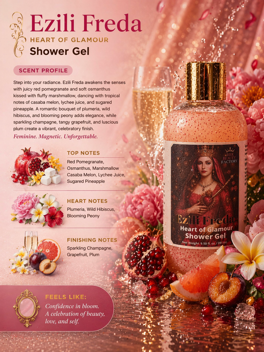 Ezili Freda Shower Gel bottle with product details and floral decorations on a pink background