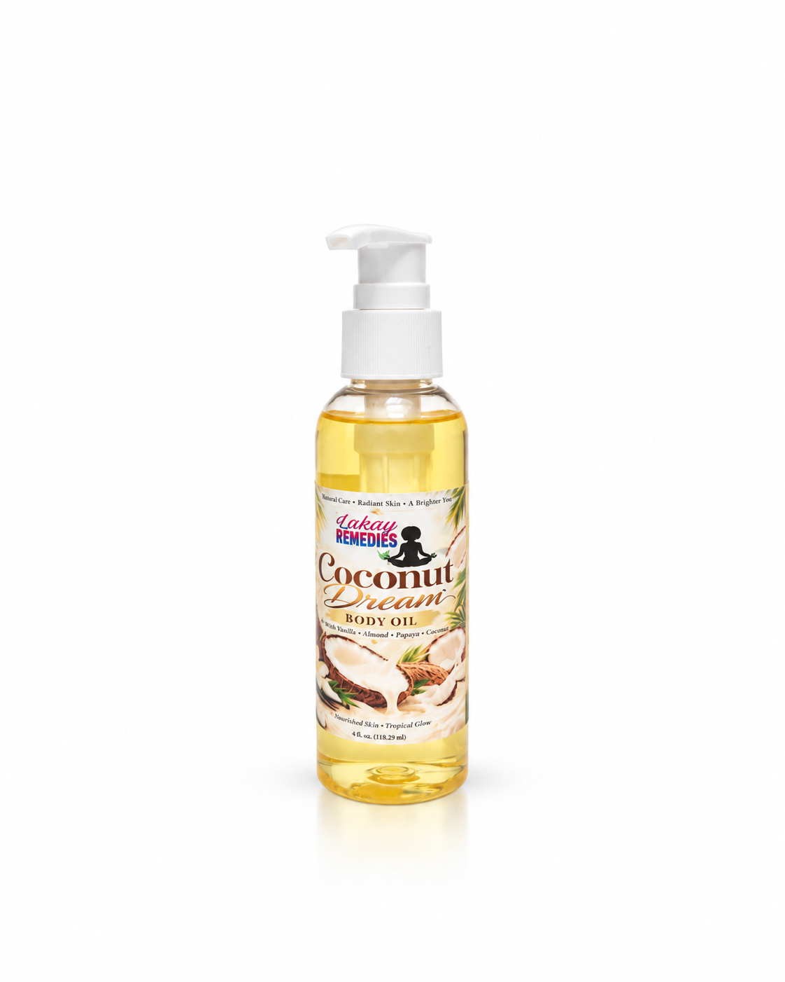 A bottle of Lakay Remedies Coconut Cream Body Oil with a white pump dispenser, containing a golden yellow oil, set against a plain white background.