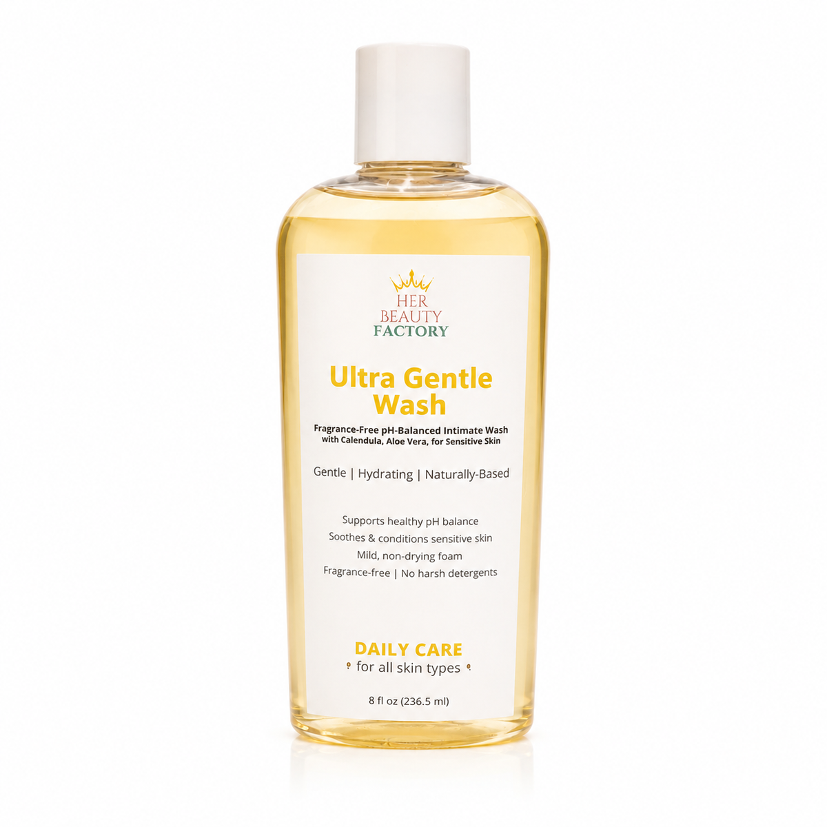 A bottle of Her Beauty Factory Ultra Gentle Wash intimate cleanser, featuring a clear plastic bottle filled with pale yellow liquid and a white cap, set against a clean white background.