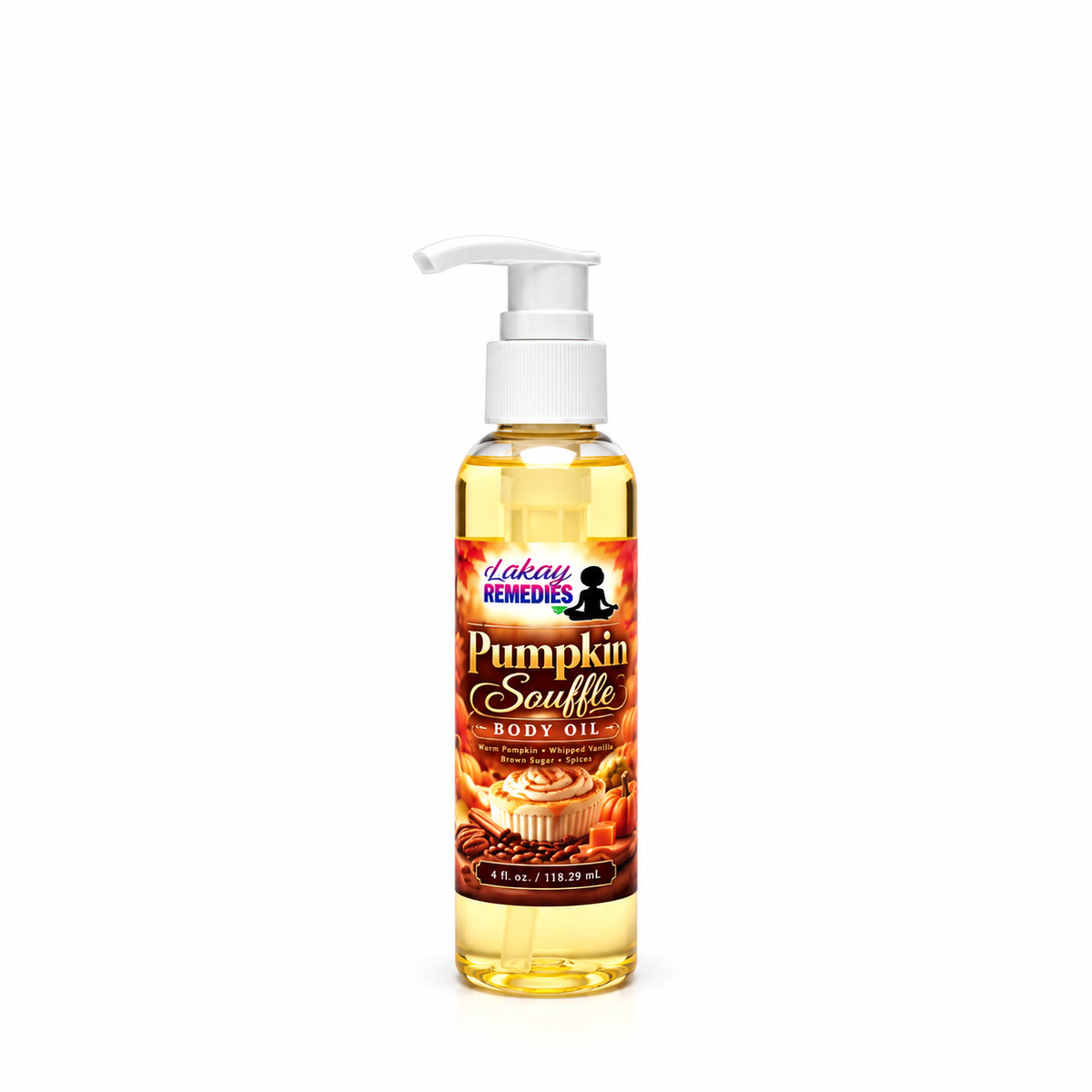 A bottle of Lakay Remedies Pumpkin Souffle Body Oil with a white pump dispenser, filled with golden yellow oil, set against a plain white background.