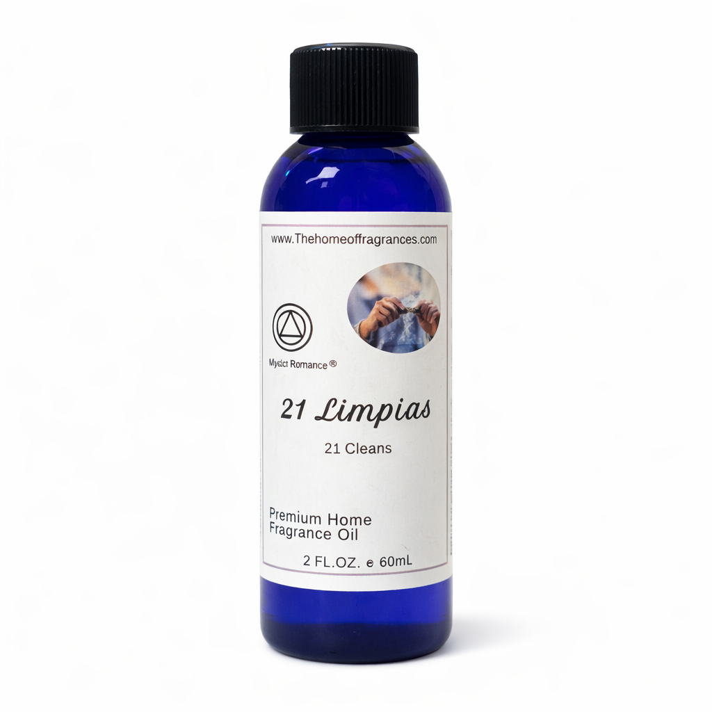 Bottle of '21 Limpias' premium home fragrance oil with a blue label on a white background