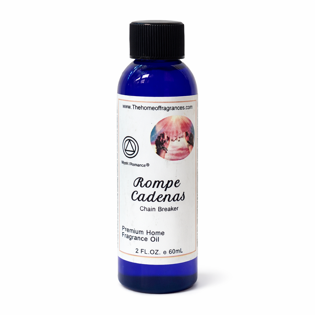 Bottle of Rompe Cadenas Chain Breaker fragrance oil with a white label on a white background