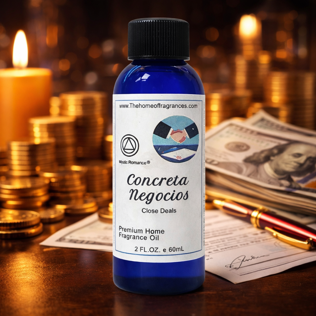 Bottle of 'Concreta Negocios' fragrance oil with money, coins, and a candle in the background