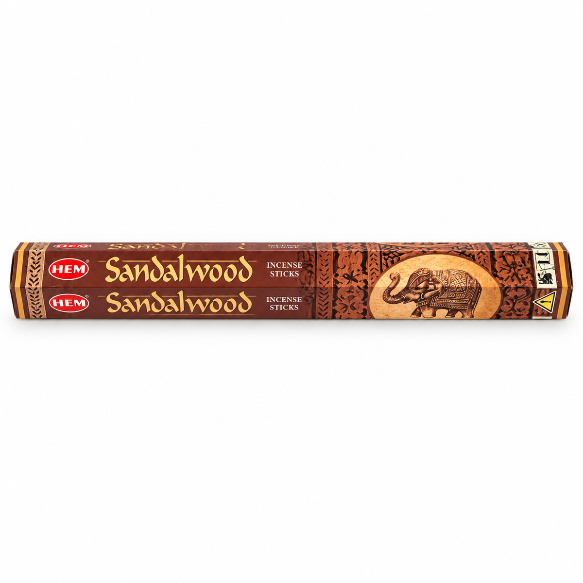 A long cylindrical box of HEM Sandalwood Incense Sticks on a plain white background.