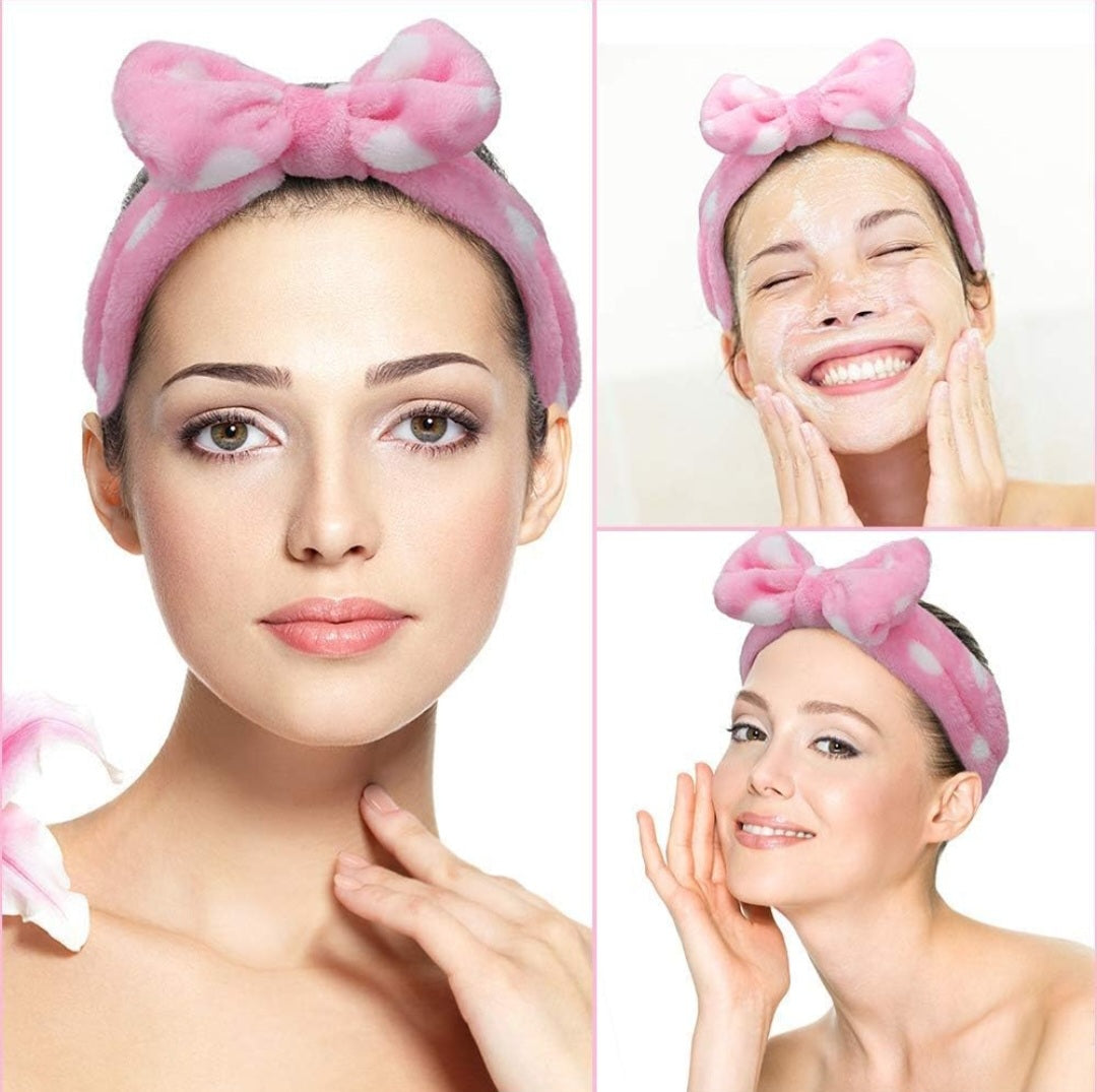 Lady in three different poses wearing pink headband with white polka-dot.