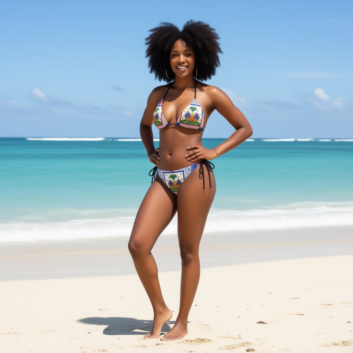 Woman in a colorful bikini standing on a beach with clear blue water and sky.