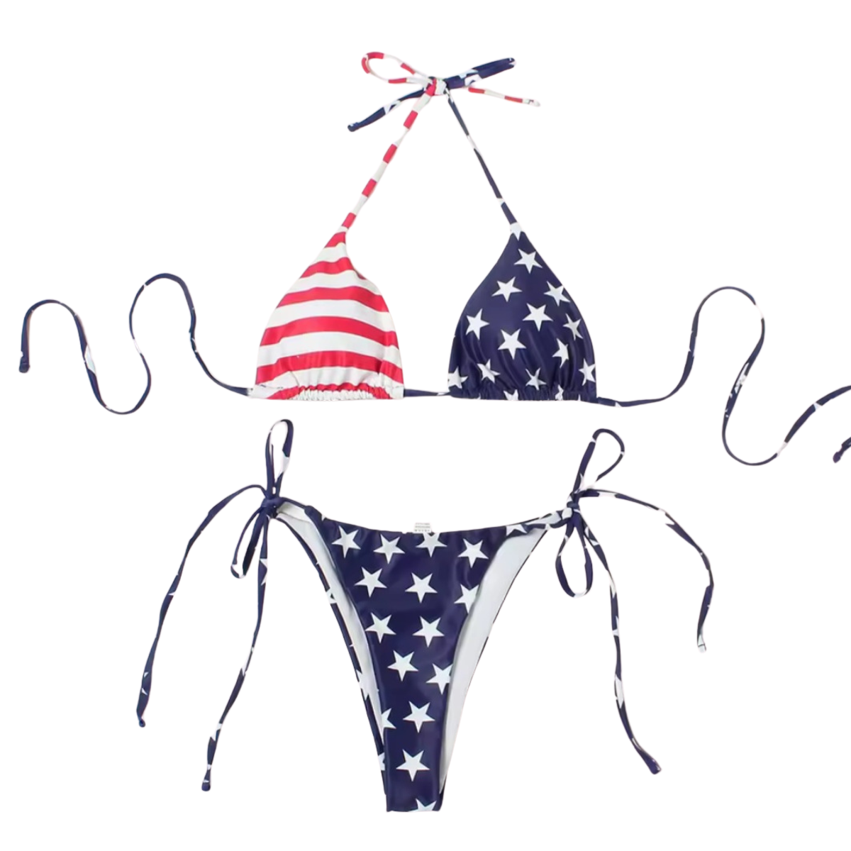 Bikini set with American flag design on a white background
