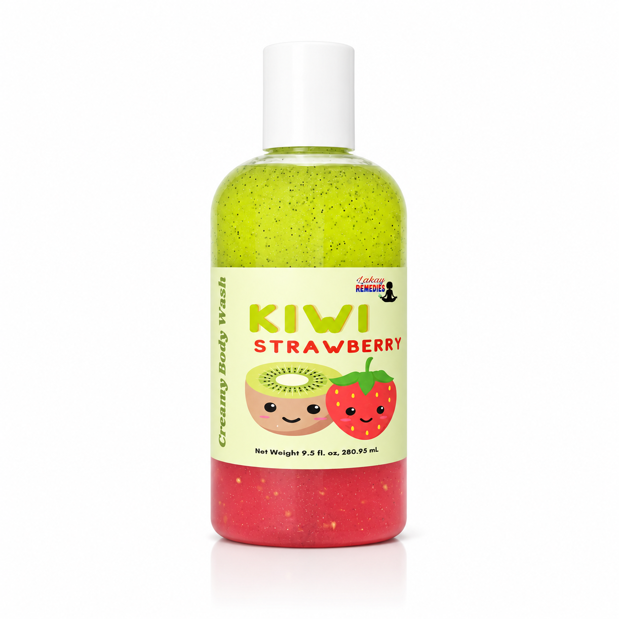 A bottle of Cream Body Wash in Kiwi Strawberry scent, featuring a two-tone green and red glittery liquid inside a clear bottle with a white cap and a colorful label.